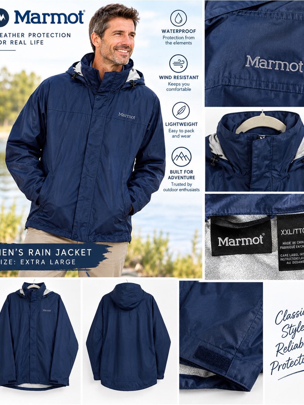 Marmot PreCip Mens XXL Navy Blue Rain Jacket Hooded Packable Waterproof